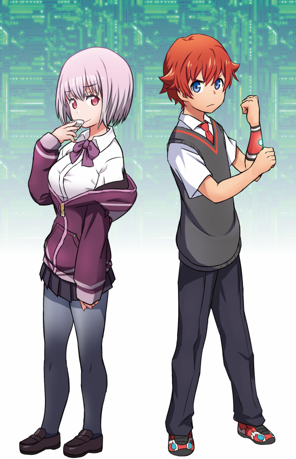 1boy 1girl bangs black_legwear black_pants black_skirt blue_eyes bow bowtie breasts brown_footwear cellphone collared_shirt commentary_request couple eyebrows_visible_through_hair fen_(gunpura) grey_legwear hand_up hetero hibiki_yuuta holding holding_cellphone holding_phone hood hooded_jacket jacket jacket_tug long_sleeves looking_at_viewer miniskirt necktie open_clothes open_jacket pants pantyhose phone pink_bow pink_hair pink_neckwear pleated_skirt purple_jacket red_eyes red_footwear red_neckwear redhead school_uniform shinjou_akane shirt shoes short_hair short_sleeves skirt small_breasts smartphone sneakers ssss.gridman waistcoat white_shirt wing_collar