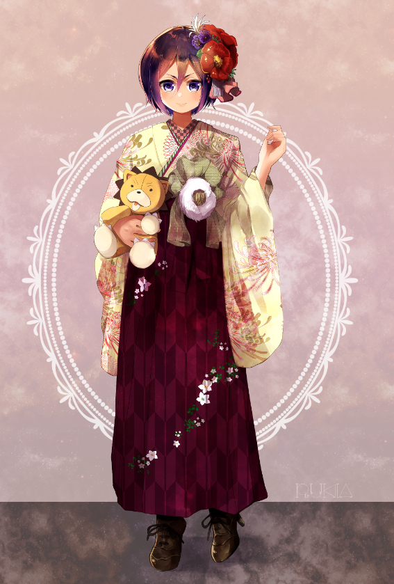 1girl bleach blue_eyes blush boots brown_footwear character_name floral_print flower full_body hair_between_eyes hair_flower hair_ornament hakama high_heel_boots high_heels holding holding_stuffed_animal japanese_clothes kimono kuchiki_rukia long_sleeves looking_at_viewer print_hakama print_kimono purple_flower purple_hair red_flower red_hakama short_hair smile solo standing stuffed_animal stuffed_toy umi_(pixiv6861961) wide_sleeves