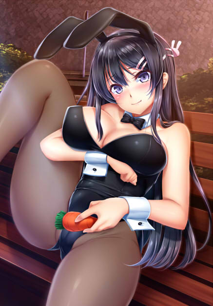 1girl animal_ears ass_visible_through_thighs bench black_hair black_legwear black_leotard black_neckwear bow bowtie breasts bunny_girl bunnysuit carrot commentary commentary_request cowboy_shot detached_collar english_commentary ikemura_hiroichi large_breasts leotard long_hair looking_at_viewer pantyhose park_bench rabbit_ears sakurajima_mai seishun_buta_yarou sitting solo strapless strapless_leotard violet_eyes wrist_cuffs