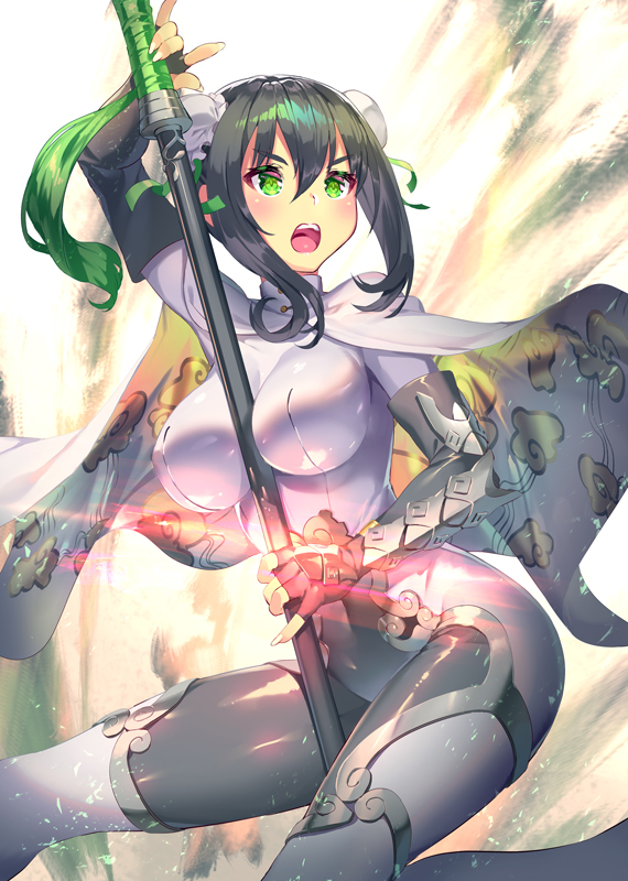 1girl :o aguy black_hair blush bodysuit bun_cover cropped_legs double_bun elbow_gloves fate/grand_order fate_(series) fingerless_gloves gloves green_eyes holding_lance impossible_clothes looking_away open_mouth qin_liangyu_(fate) short_hair solo