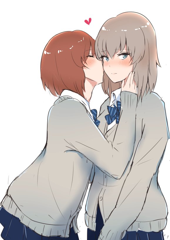 14sai_bishoujo_(shoutarou) 2girls bangs black_skirt blue_neckwear blush bow bowtie cardigan closed_mouth commentary_request diagonal-striped_neckwear dress_shirt eyebrows_visible_through_hair frown girls_und_panzer grey_sweater hand_on_another's_face heart itsumi_erika kiss leaning_forward long_hair looking_at_viewer miniskirt multiple_girls nishizumi_miho pleated_skirt school_uniform shirt short_hair simple_background skirt standing sweater upper_body white_background white_shirt yuri