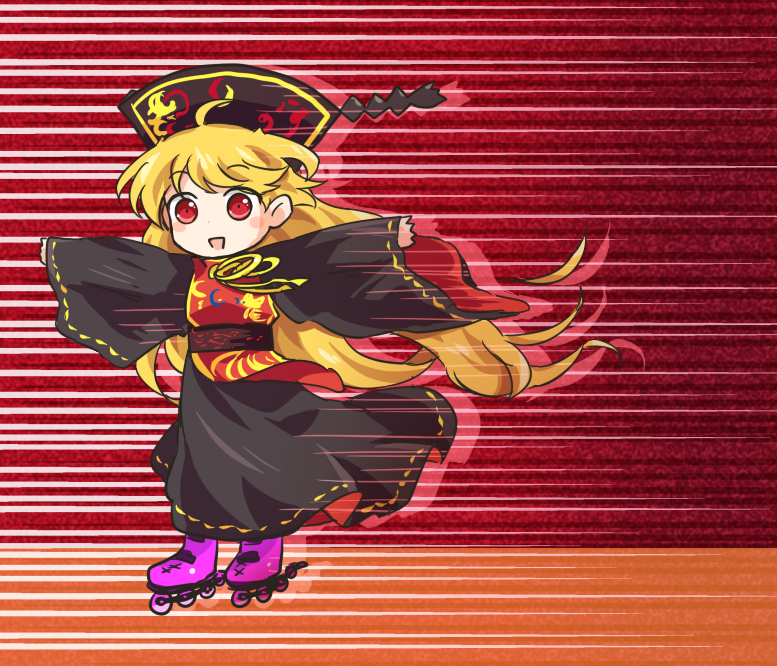 1girl ahoge black_dress black_hat blonde_hair dress floating_hair full_body hat junko_(touhou) long_hair long_sleeves outstretched_arms pink_footwear pote_(ptkan) red_background red_eyes roller_skates sash skates sleeves_past_wrists smile solo speed_lines touhou wide_sleeves