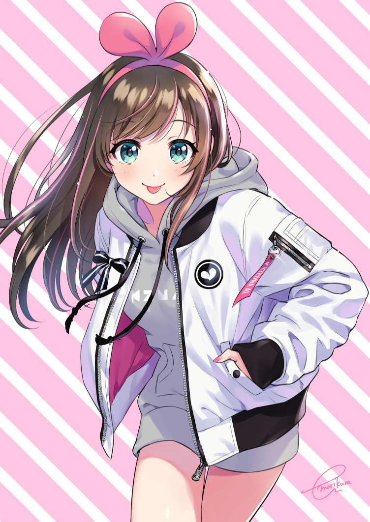 1girl :p a.i._channel bangs brown_hair closed_mouth diagonal-striped_background diagonal_stripes eyebrows_visible_through_hair fingernails green_eyes grey_hoodie hair_ribbon hairband hand_in_pocket hood hood_down hoodie jacket kizuna_ai leaning_forward long_hair long_sleeves looking_at_viewer morikura_en multicolored_hair nail_polish open_clothes open_jacket pink_hair pink_hairband pink_nails pink_ribbon ribbon signature sleeves_past_wrists smile solo streaked_hair striped striped_background thigh_gap tongue tongue_out very_long_hair virtual_youtuber white_jacket