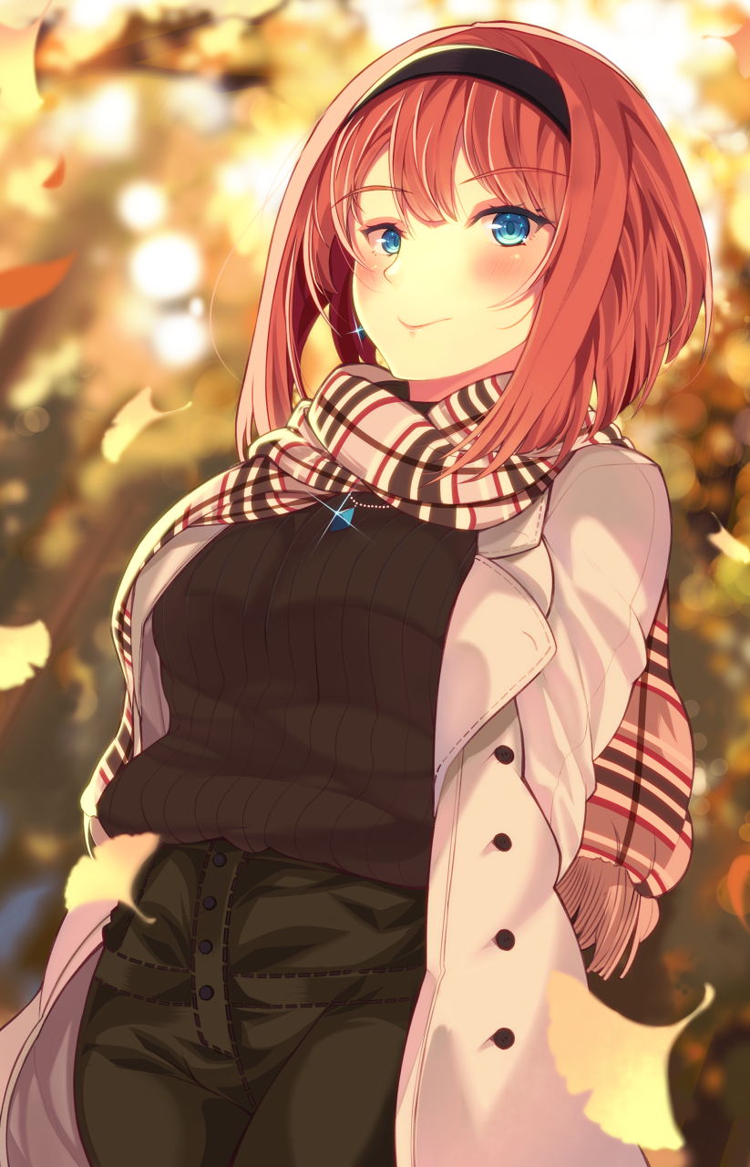 1girl ark_royal_(kantai_collection) bangs blue_eyes blurry blurry_background blurry_foreground blush bob_cut breasts brown_sweater casual closed_mouth coat depth_of_field earrings eyebrows_visible_through_hair glint green_pants hair_between_eyes hairband highres jewelry kantai_collection leaves_in_wind long_sleeves mizuyoukan_(mikususannda) necklace open_clothes open_coat outdoors pants redhead ribbed_sweater sapphire_(stone) scarf short_hair sidelocks smile sunset sweater tsurime white_coat