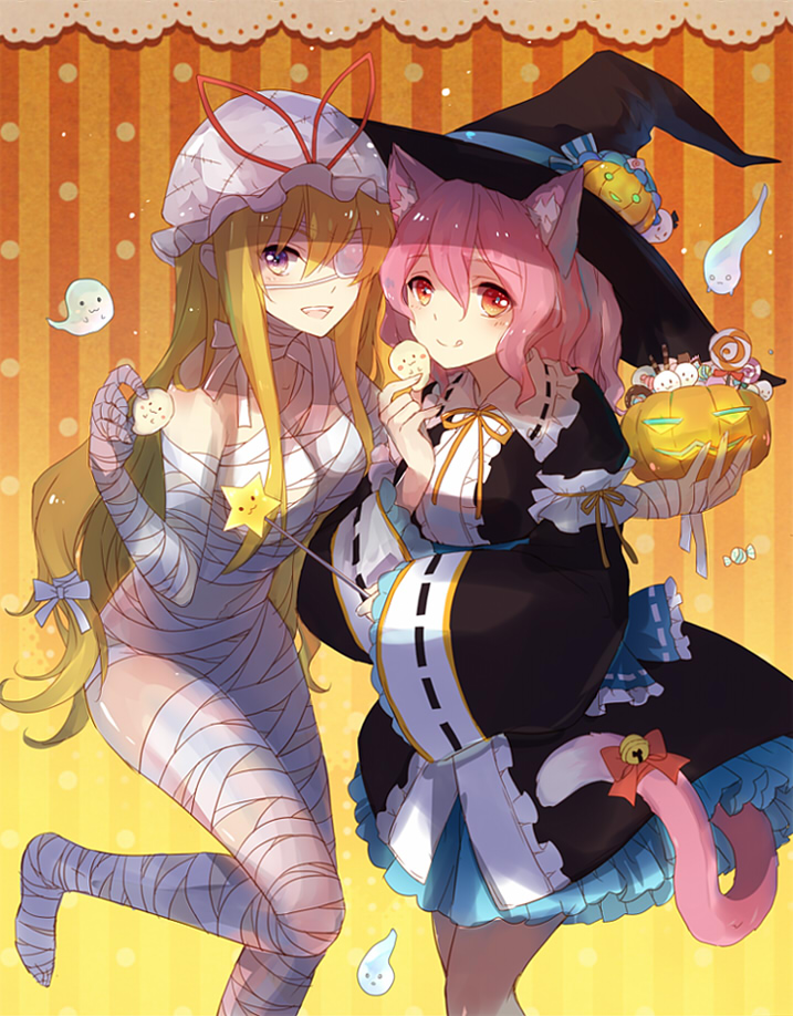 2girls :3 adapted_costume animal_ears bandage bandages black_dress blonde_hair blush bow breasts candy cat_ears cat_tail collar collared_shirt cookie costume dress eyebrows_visible_through_hair eyepatch food frilled_collar frilled_dress frills ghost hair_between_eyes hair_ornament halloween halloween_costume hat hat_ribbon hitodama jack-o'-lantern konpaku_youmu_(ghost) large_breasts lilith_(lilithchan) lollipop long_hair long_sleeves looking_at_viewer medium_breasts mob_cap multiple_girls mummy_costume naked_bandage navel open_mouth orange_background pink_eyes pink_hair pumpkin rattle red_ribbon ribbon saigyouji_yuyuko sash shirt short_dress short_hair smile standing standing_on_one_leg star striped striped_background tail touhou triangular_headpiece violet_eyes wand wide_sleeves witch_hat yakumo_yukari yellow_eyes