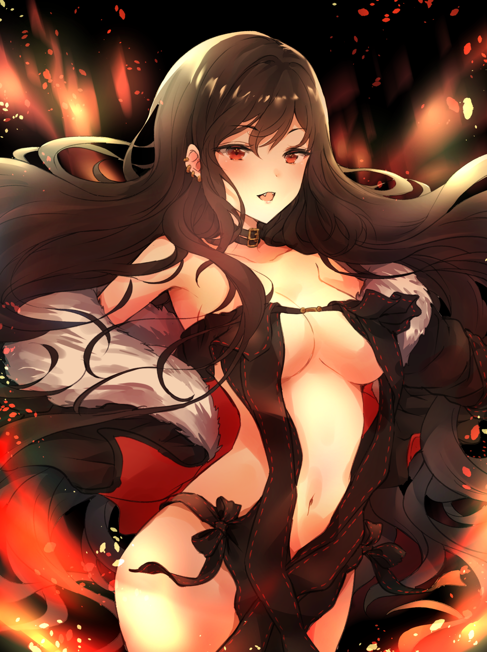 1girl bangs bare_shoulders black_dress black_jacket blush breasts brown_hair center_opening choker cleavage collarbone consort_yu_(fate) dress earrings fang fate/grand_order fate_(series) fire fur_trim highres hips jacket jewelry long_hair looking_at_viewer medium_breasts melings_(aot2846) navel off_shoulder open_mouth red_eyes smile solo strapless strapless_dress very_long_hair