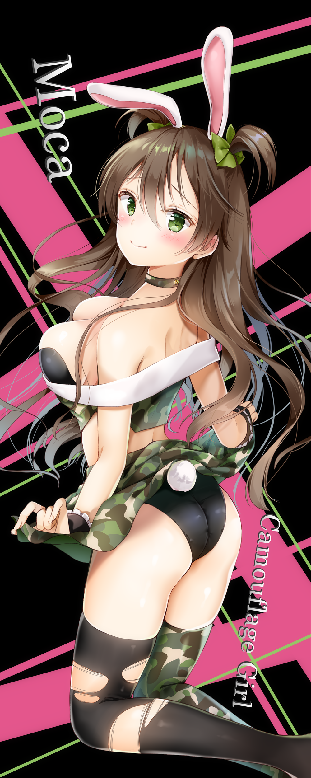 1girl absurdres animal_ears arched_back armpit_crease ass back bangs bare_arms bare_shoulders black_background black_bra black_legwear black_panties bow bra breasts brown_hair bunny_tail camouflage camouflage_legwear camouflage_shirt camouflage_skirt choker cleavage commentary_request crop_top fake_animal_ears feet_out_of_frame floating_hair frilled_cuffs from_behind green_bow green_eyes green_legwear green_shirt green_skirt hair_between_eyes hair_bow highres legs_up long_hair looking_at_viewer looking_back medium_breasts midriff miniskirt mismatched_legwear off_shoulder original panties rabbit_ears shirt shoulder_blades sidelocks skirt skirt_lift solo tail thigh-highs torn_clothes torn_legwear two_side_up underwear wrist_cuffs yoshida_iyo