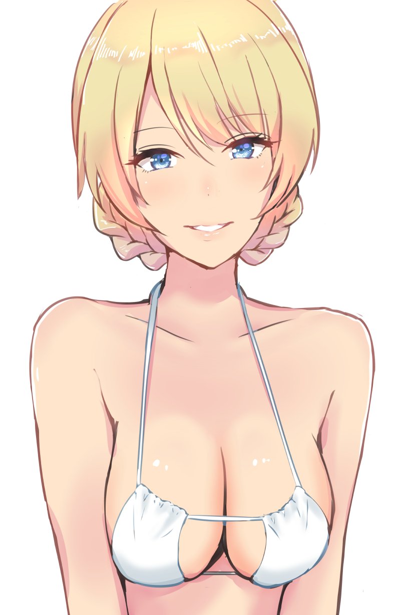 14sai_bishoujo_(shoutarou) 1girl bangs bikini blonde_hair blue_eyes braid breasts cleavage commentary darjeeling eyebrows_visible_through_hair eyepatch_bikini girls_und_panzer grin highres lips looking_at_viewer medium_breasts short_hair simple_background smile solo swimsuit tied_hair twin_braids upper_body white_background white_bikini