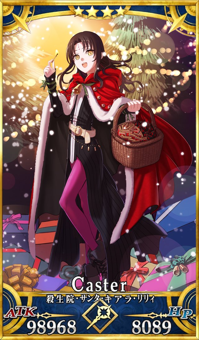 1girl bangs basket bell black_dress black_footwear black_hair bow box child christmas christmas_ornaments christmas_tree cloak dress facial_mark fate/grand_order fate_(series) fire forehead_mark fur_trim gift gift_box hinomoto_madoka long_hair long_sleeves looking_at_viewer matchbox matchstick open_mouth parted_bangs pink_legwear red_cloak santa_costume sesshouin_kiara sidelocks smile snow solo standing tattoo wavy_hair yellow_eyes younger