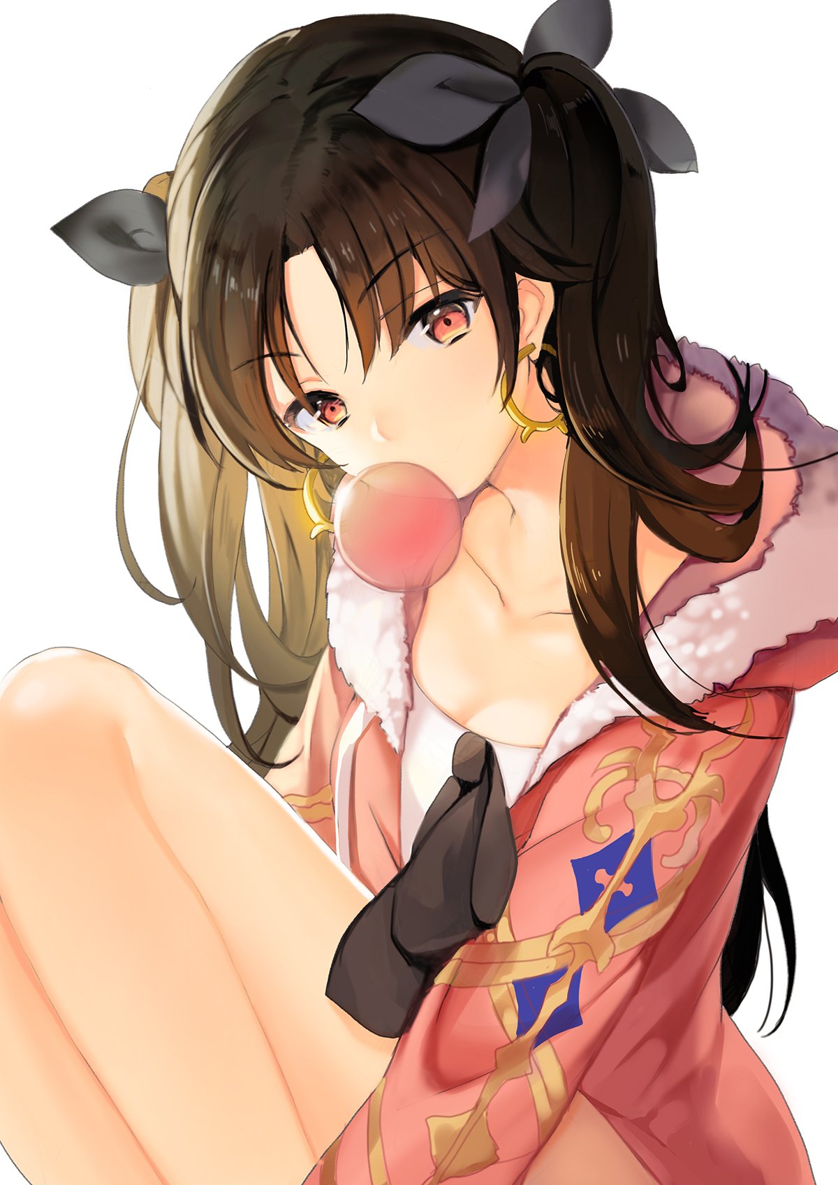 1girl bangs bare_legs bow brown_hair bubble_blowing chewing_gum commentary_request earrings eyebrows_visible_through_hair fate/grand_order fate_(series) fur_trim grey_bow hair_bow highres hood hood_down hooded_jacket hoop_earrings ishtar_(fate/grand_order) jacket jewelry looking_at_viewer parted_bangs pink_jacket red_eyes sibyl simple_background sitting solo two_side_up white_background