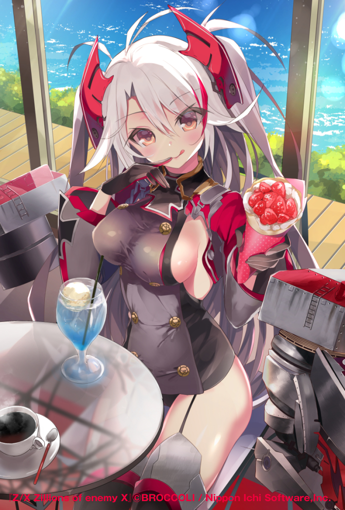 1girl :q azur_lane bad_id bad_pixiv_id bangs breasts commentary_request hair_between_eyes holding large_breasts long_hair looking_at_viewer nekoboshi_sakko prinz_eugen_(azur_lane) sideboob silver_hair solo tongue tongue_out