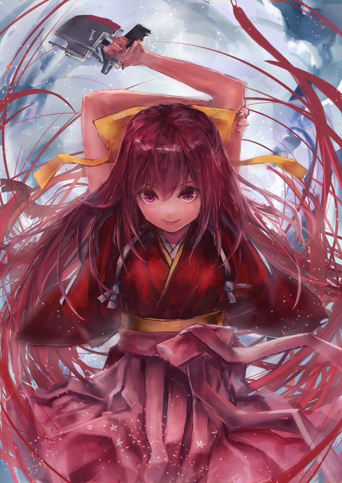 1girl bow cannon eyebrows_visible_through_hair gradient_hair gun hair_between_eyes hair_bow hakama hands_up japanese_clothes kamikaze_(kantai_collection) kantai_collection kimono lips long_hair long_sleeves meiji_schoolgirl_uniform multicolored_hair pink_hair pink_hakama purple_hair red_kimono ribbon smile solo tasuki toka_(marchlizard) violet_eyes weapon wide_sleeves yellow_bow yellow_ribbon