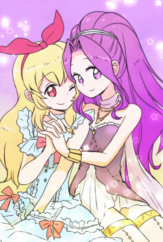 2girls ;) aikatsu! aikatsu!_(series) bare_shoulders blonde_hair blush boots bow bracelet closed_mouth commentary_request dress eyebrows_visible_through_hair hair_bow hair_ornament hairband hand_holding hitaishou_chiritori hoshimiya_ichigo idol interlocked_fingers jewelry kanzaki_mizuki long_hair long_scarf looking_at_viewer multiple_girls necklace one_eye_closed purple_hair red_eyes scarf short_dress sitting sleeveless sleeveless_dress smile star thigh-highs thigh_boots violet_eyes