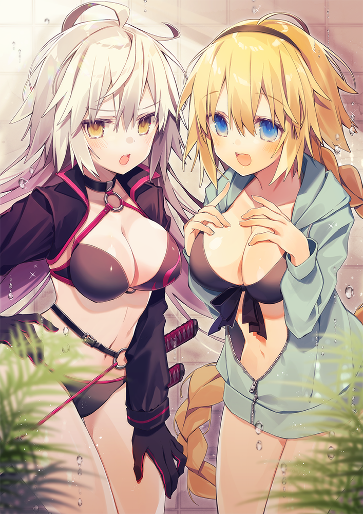 2girls :d :o ahoge bangs belt bikini black_bikini black_gloves blonde_hair blue_eyes blue_jacket blurry_foreground blush braid breasts cleavage collarbone commentary_request cowboy_shot eyebrows_visible_through_hair fate/grand_order fate_(series) front-tie_bikini front-tie_top gloves hair_between_eyes hairband halterneck hands_on_own_chest hands_up indoors jacket jeanne_d'arc_(alter_swimsuit_berserker) jeanne_d'arc_(fate)_(all) jeanne_d'arc_(swimsuit_archer) large_breasts long_hair long_sleeves looking_at_viewer multiple_girls navel open_clothes open_jacket open_mouth oshio_(dayo) partially_unzipped plant shrug_(clothing) sidelocks silver_hair single_braid smile standing swimsuit upper_teeth very_long_hair water_drop yellow_eyes