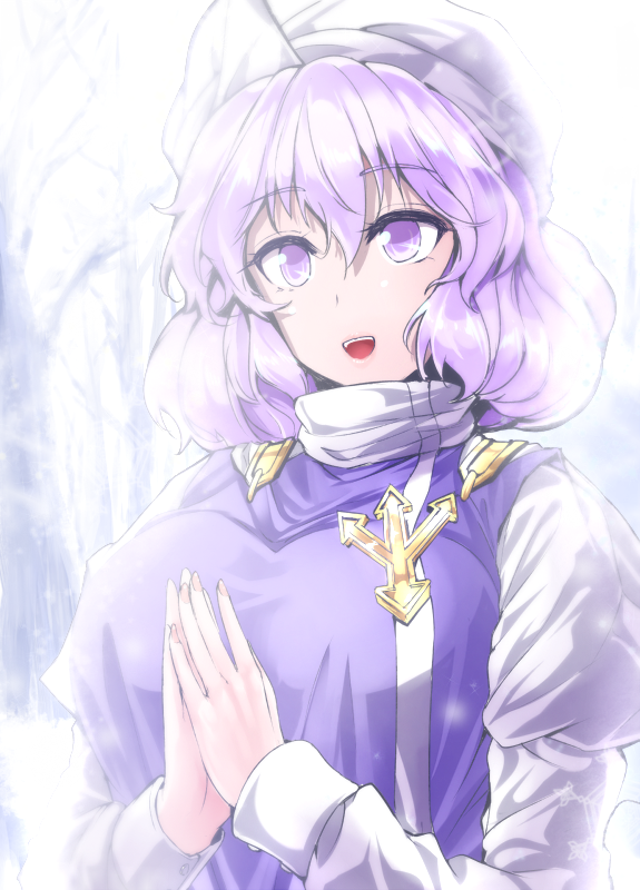 1girl :d breasts commentary_request day fingernails hair_between_eyes hat juliet_sleeves large_breasts letty_whiterock long_sleeves medium_hair open_mouth outdoors own_hands_together puffy_sleeves purple_hair smile snowing solo touhou tree upper_body violet_eyes white_hat winter y2