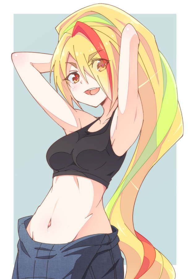 1girl armpits blonde_hair blush border breasts cowboy_shot e20 eyebrows_visible_through_hair groin hair_over_one_eye long_hair medium_breasts midriff multicolored_hair navel nikaidou_saki orange_eyes outside_border redhead smile solo sports_bra very_long_hair white_border zombie_land_saga