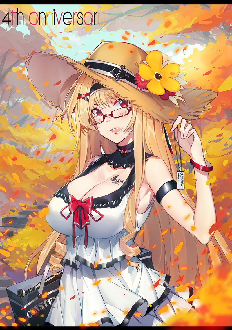 1girl anniversary autumn_leaves bag bangle bangs bare_shoulders blonde_hair blue_sky blurry blurry_foreground blush bow bracelet breasts character_request cleavage clouds commentary_request day depth_of_field echj glasses hair_between_eyes hand_up hat head_tilt holding jewelry large_breasts long_hair open_mouth outdoors pleated_skirt red-framed_eyewear red_bow red_eyes red_ribbon ribbon ringlets semi-rimless_eyewear shirt sidelocks skirt sky sleeveless sleeveless_shirt solo straw_hat tree under-rim_eyewear very_long_hair white_shirt white_skirt zhan_jian_shao_nyu