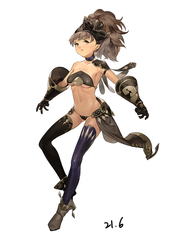 1girl armor bow brown_hair choker collar dated gauntlets geolim medium_hair mismatched_legwear original pauldrons pink_eyes pointy_ears simple_background solo thigh-highs white_background