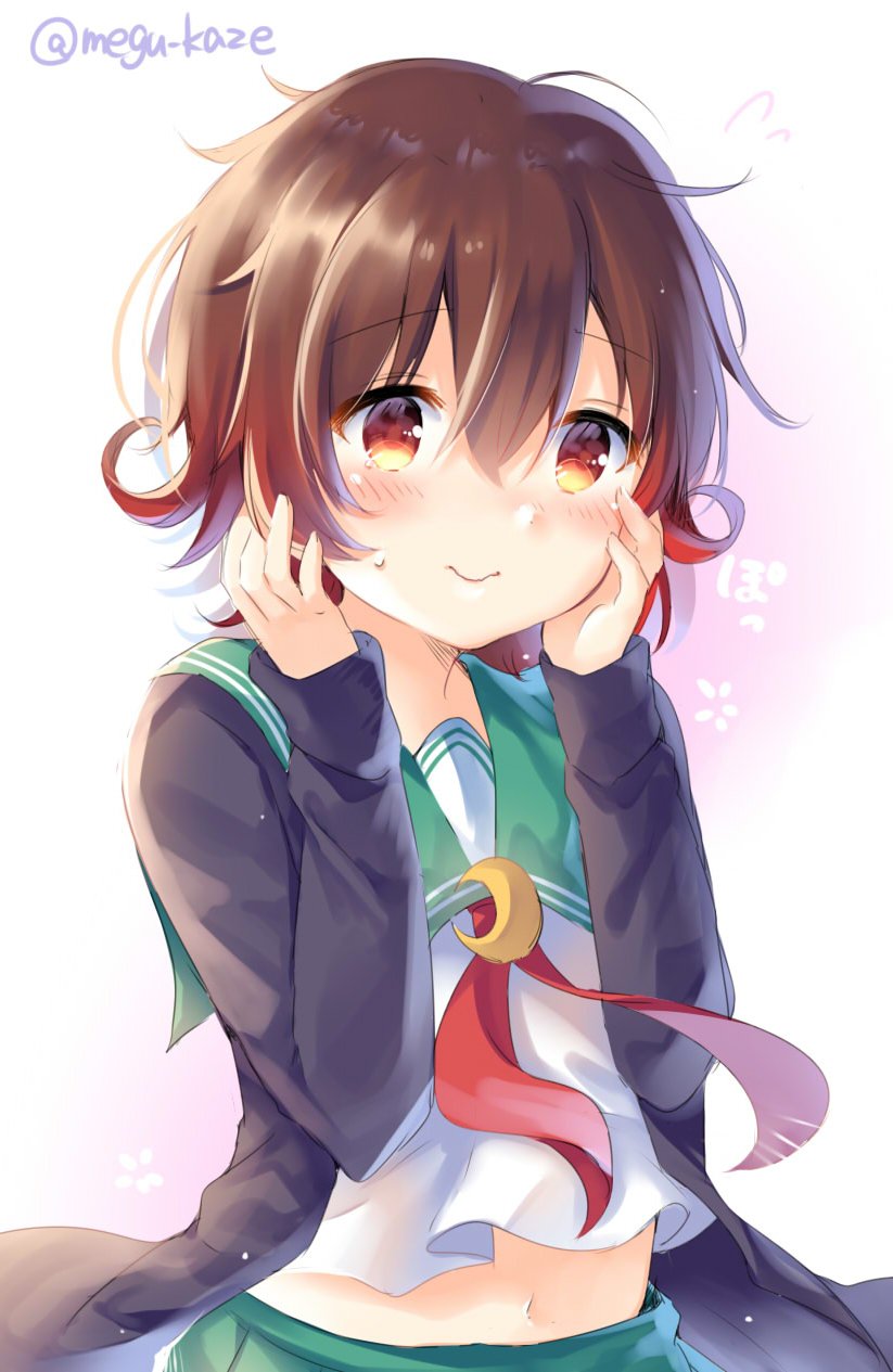 1girl brown_hair closed_mouth crescent crescent_hair_ornament crescent_moon_pin eyebrows_visible_through_hair gradient gradient_background green_skirt hair_between_eyes hair_ornament highres jacket kantai_collection long_sleeves looking_at_viewer megu_kaze mutsuki_(kantai_collection) neckerchief remodel_(kantai_collection) school_uniform serafuku short_hair skirt smile solo twitter_username