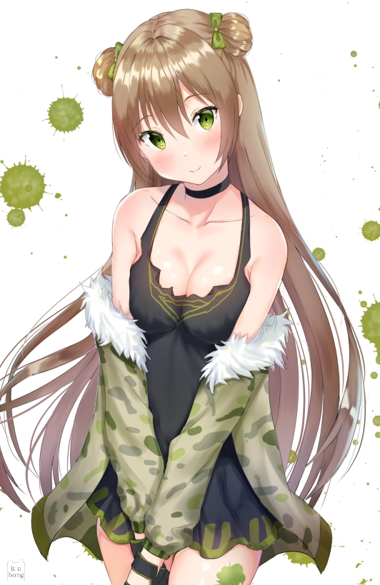 1girl bangs bare_shoulders black_dress black_gloves blush bow brown_hair camouflage_jacket closed_mouth commentary cowboy_shot double_bun dress eyebrows_visible_through_hair fur-trimmed_jacket fur_trim girls_frontline gloves green_bow green_eyes green_jacket hair_between_eyes hair_bow head_tilt jacket kubong long_hair long_sleeves off_shoulder paint_splatter rfb_(girls_frontline) side_bun sleeveless sleeveless_dress smile solo symbol_commentary very_long_hair white_background