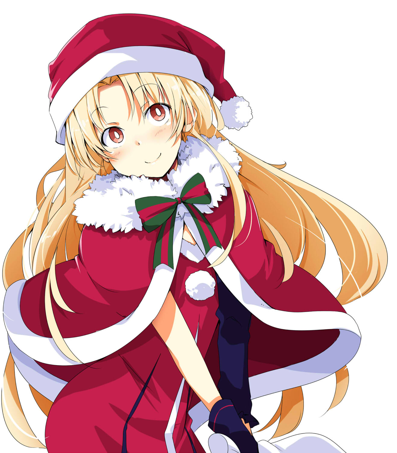 1girl alternate_costume asymmetrical_sleeves bangs blonde_hair blush breasts capelet chata_maru_(irori_sabou) christmas commentary_request ereshkigal_(fate/grand_order) eyebrows_visible_through_hair fate/grand_order fate_(series) hair_down hat highres leaning_forward long_hair looking_at_viewer medium_breasts parted_bangs pom_pom_(clothes) red_capelet red_eyes red_hat sack santa_costume santa_hat single_sleeve smile solo tohsaka_rin upper_body white_background