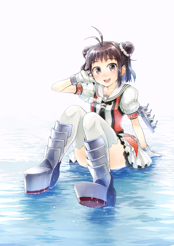 1girl :d adjusting_hair antenna_hair arm_support armored_boots black_neckwear blush boots brown_eyes brown_hair double_bun gloves hand_on_own_face kantai_collection kou1 light_blush naka_(kantai_collection) neckerchief ocean on_water open_mouth raised_eyebrows school_uniform serafuku simple_background sitting smile solo thigh-highs turret white_background white_gloves