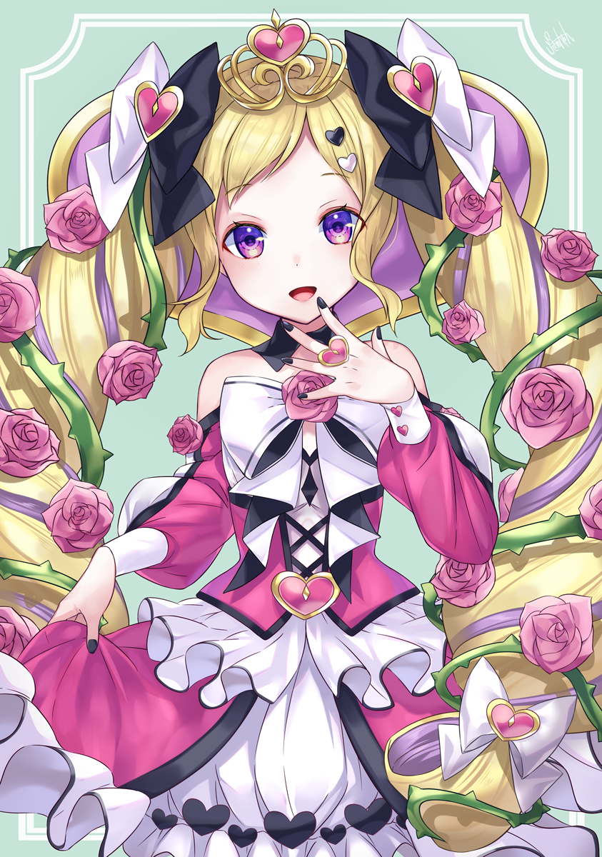 1girl :d bangs bare_shoulders black_nails black_ribbon blonde_hair commentary_request cowboy_shot detached_collar dress elise_(fire_emblem_if) fingernails fire_emblem fire_emblem_if flower frame frilled_dress frills hair_flower hair_ornament hair_ribbon hand_up head_tilt heart heart_hair_ornament highres jewelry long_hair long_sleeves looking_at_viewer multicolored_hair nail_polish nintendo off-shoulder_dress off_shoulder open_mouth pink_flower pink_rose plant puffy_sleeves purple_hair ribbon ring ringozaka_mariko rose sidelocks signature skirt_hold smile solo tiara twintails two-tone_hair very_long_hair vines violet_eyes white_ribbon