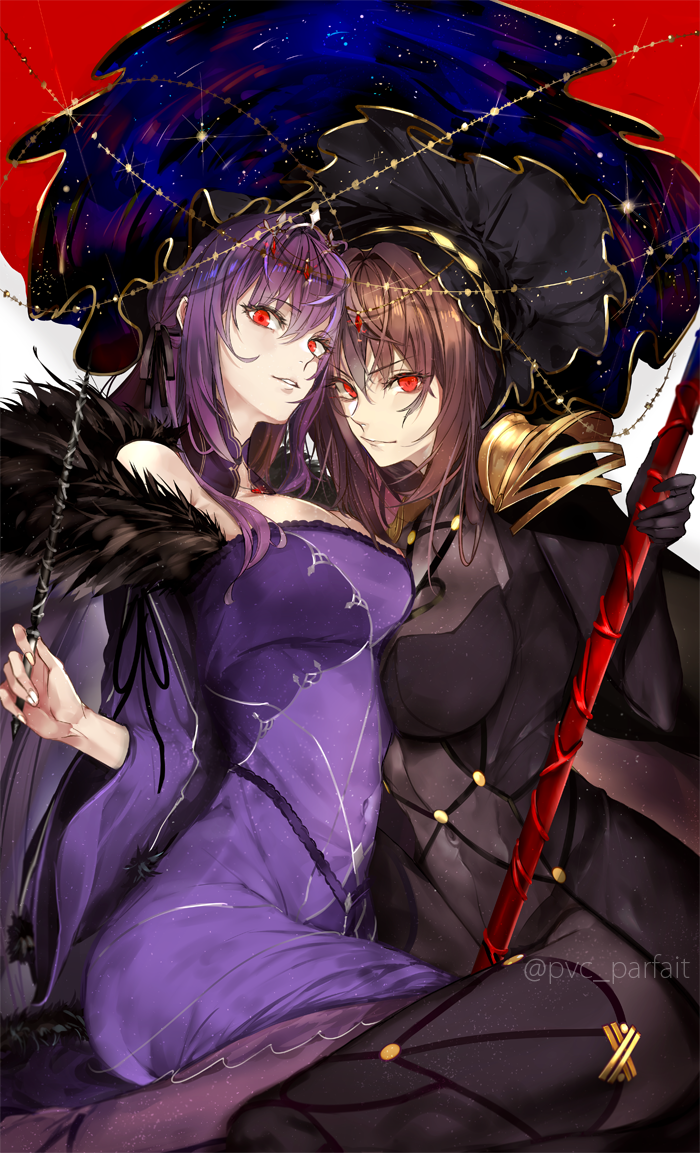 2girls artist_name bangs bare_shoulders black_bodysuit black_ribbon bodysuit breast_press breasts brown_hair closed_mouth commentary covered_navel dress eyebrows_visible_through_hair fate/grand_order fate_(series) fur_trim gae_bolg gem hair_between_eyes hair_ribbon holding holding_spear holding_wand holding_weapon large_breasts long_hair looking_at_viewer multiple_girls parted_lips pauldrons polearm purple_dress purple_hair pvc_parfait red_eyes revision ribbon scathach_(fate)_(all) scathach_(fate/grand_order) scathach_skadi_(fate/grand_order) sitting spear veil wand weapon wide_sleeves