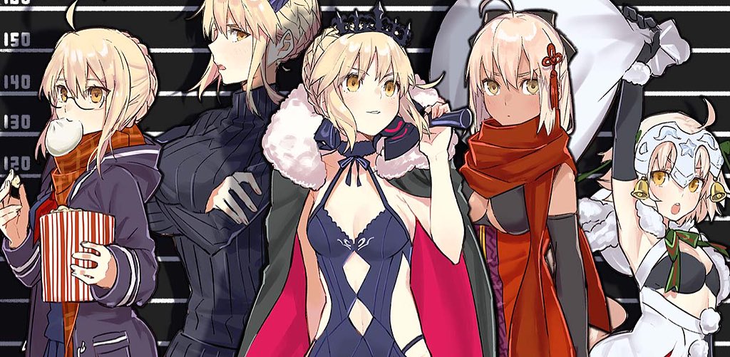 5girls ahoge artoria_pendragon_(all) artoria_pendragon_(lancer_alter) artoria_pendragon_(swimsuit_rider_alter) baozi blonde_hair bow breasts brown_eyes cape crossed_arms eating fate/grand_order fate_(series) food food_in_mouth fur_cape glasses hair_bow height_chart jeanne_d'arc_(fate)_(all) jeanne_d'arc_alter_santa_lily looking_at_viewer medium_breasts multiple_girls mysterious_heroine_x_(alter) okita_souji_(alter)_(fate) okita_souji_(fate)_(all) over_shoulder pale_skin popcorn sack scarf small_breasts smile sweater teshima_nari upper_body weapon weapon_over_shoulder yellow_eyes