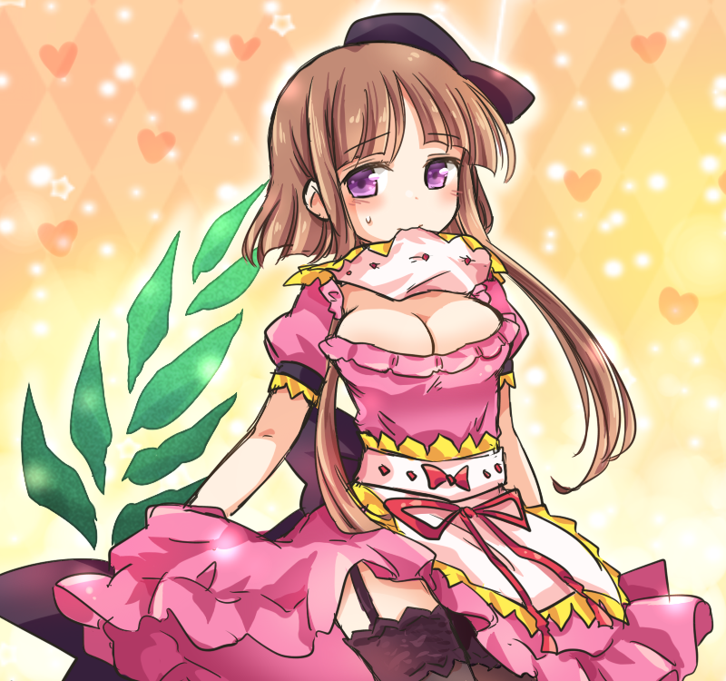 1girl :3 apron argyle argyle_background bangs black_hat black_legwear blunt_bangs blush breasts brown_hair cleavage cowboy_shot dress eyebrows_visible_through_hair garter_straps gradient gradient_background hat heart large_breasts looking_at_viewer mouth_hold myouga_(plant) nishida_satono orange_background pink_dress pote_(ptkan) puffy_short_sleeves puffy_sleeves red_ribbon ribbon short_hair_with_long_locks short_sleeves sidelocks smile solo sweatdrop thigh-highs touhou violet_eyes yellow_background