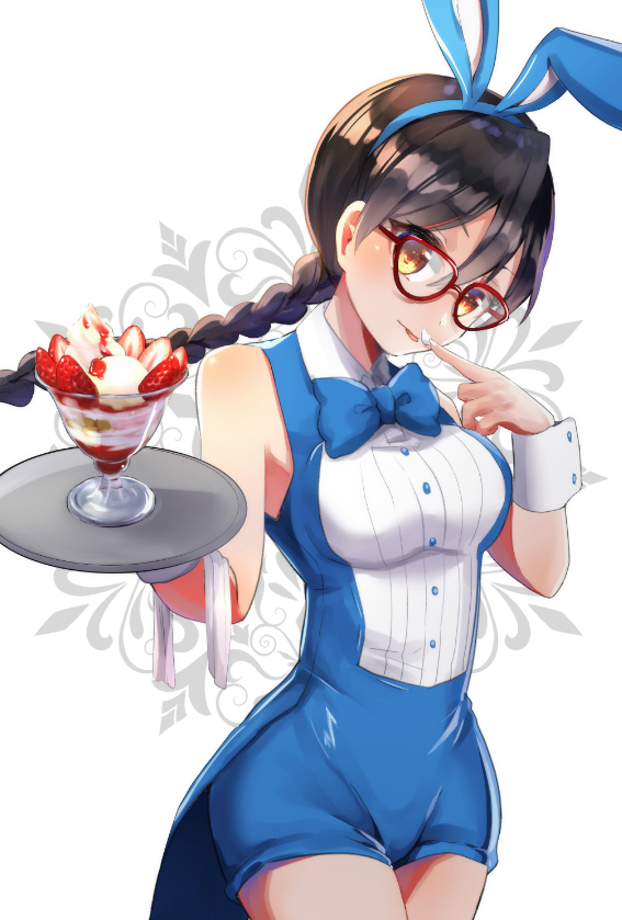 1girl animal_ears black_hair bleach blue blue_bow blue_neckwear blue_shorts bow braid braided_ponytail breasts brown_eyes cowboy_shot dress_shirt fake_animal_ears finger_licking floating_hair food glasses hairband head_tilt holding holding_plate index_finger_raised kurotsuchi_nemu licking long_hair looking_at_viewer medium_breasts plate rabbit_ears red-framed_eyewear shiny shiny_clothes shirt short_shorts shorts single_braid sleeveless solo standing tongue tongue_out umi_(pixiv6861961) white_background white_shirt wrist_cuffs