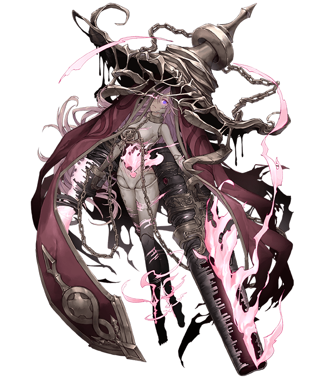 1girl chains cinderella_(sinoalice) collar cuffs dark_persona doll doll_joints empty_eyes fire full_body glowing glowing_eyes gun half-nightmare hat huge_weapon ji_no looking_at_viewer metal_collar official_art plantar_flexion purple_hair scowl shackles shotgun sinoalice solo torn_clothes transparent_background violet_eyes weapon witch_hat