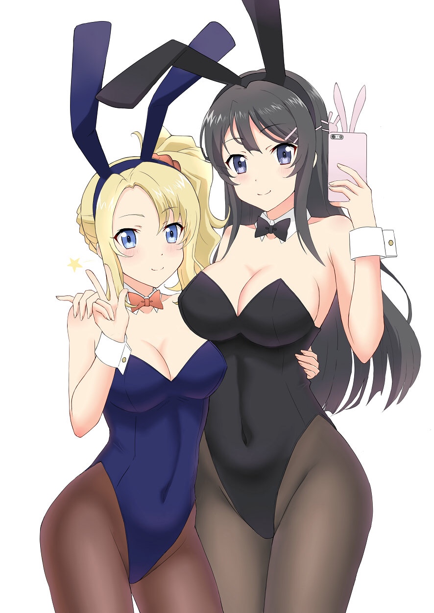 2girls animal_ears black_eyes black_hair black_legwear black_leotard blonde_hair blue_eyes blue_leotard bow bowtie breasts bunnysuit cellphone cleavage cowboy_shot detached_collar hair_ornament hairclip highres junk_doppel large_breasts leotard long_hair looking_at_phone looking_at_viewer medium_breasts multiple_girls pantyhose phone rabbit_ears red_neckwear sakurajima_mai seishun_buta_yarou side_ponytail simple_background strapless strapless_leotard toyohama_nodoka white_background wrist_cuffs