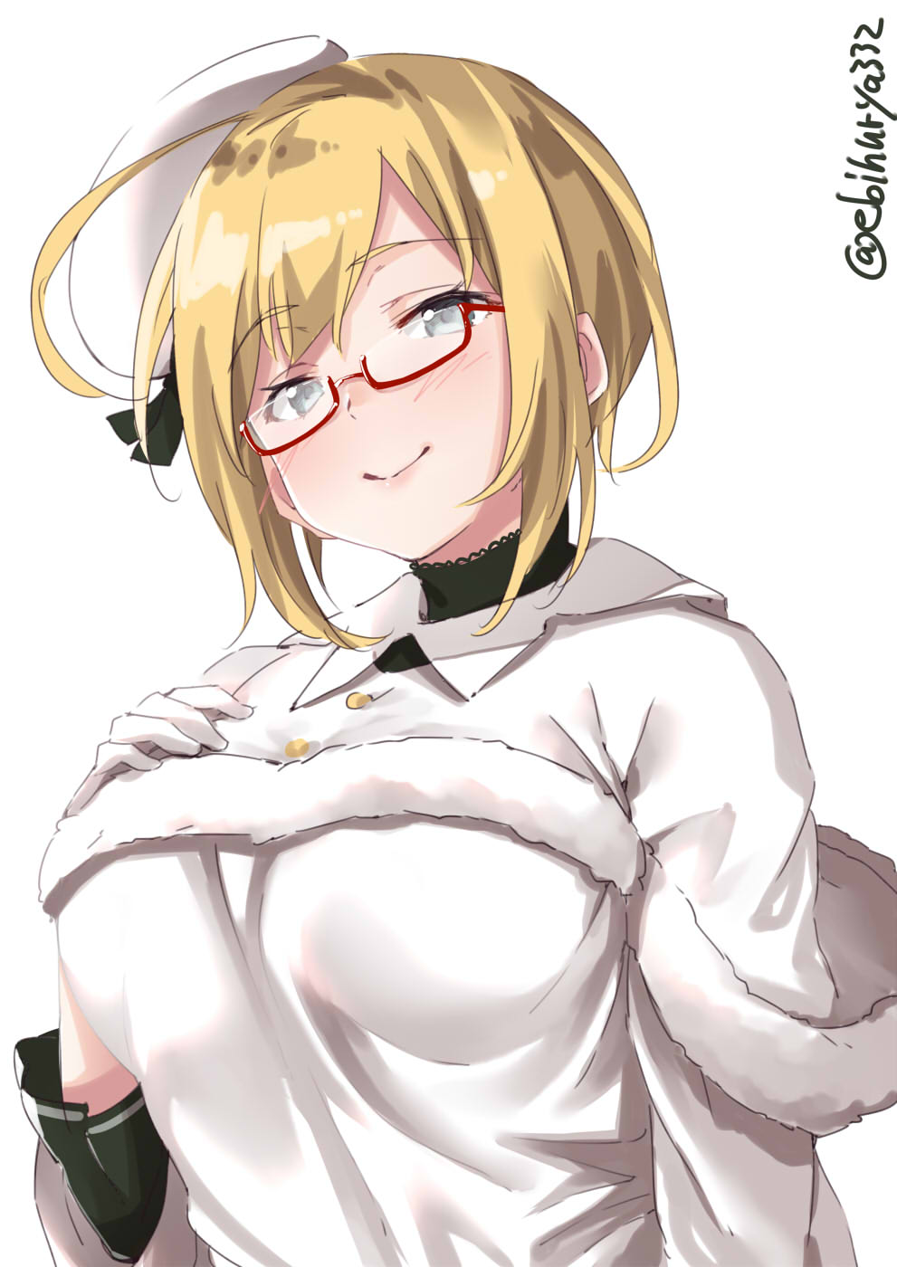 1girl ahoge alternate_hair_length alternate_hairstyle arm_at_side bangs black_shirt blonde_hair blue_eyes blush breasts capelet casual commentary_request contemporary ebifurya eyebrows_visible_through_hair hand_on_own_chest highres i-8_(kantai_collection) kantai_collection large_breasts light_smile school_swimsuit semi-rimless_eyewear shirt short_hair solo swept_bangs swimsuit turtleneck twitter_username upper_body white_background white_capelet