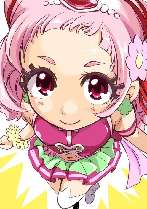 1girl aura bare_shoulders blush commentary cure_yell earrings eyelashes flower forehead from_above hair_flower hair_ornament hair_ribbon heart hugtto!_precure jewelry lipstick long_hair looking_at_viewer looking_up magical_girl makeup naruse_yasuhiro navel nono_hana pink_eyes pink_hair precure ribbon scrunchie shoes skirt sleeveless smile solo thigh-highs wrist_scrunchie