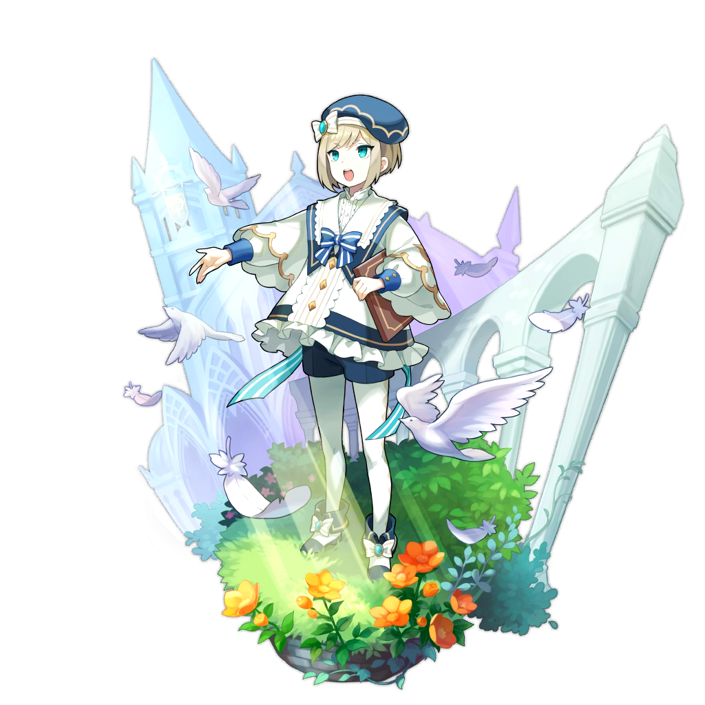 1boy artist_request bird blonde_hair blue_eyes book dragalia_lost elias_(dragalia_lost) feathers hat holding holding_book long_sleeves music non-web_source official_art open_mouth puffy_long_sleeves puffy_sleeves ribbon sailor_collar shirt short_hair singing standing white_legwear white_shirt
