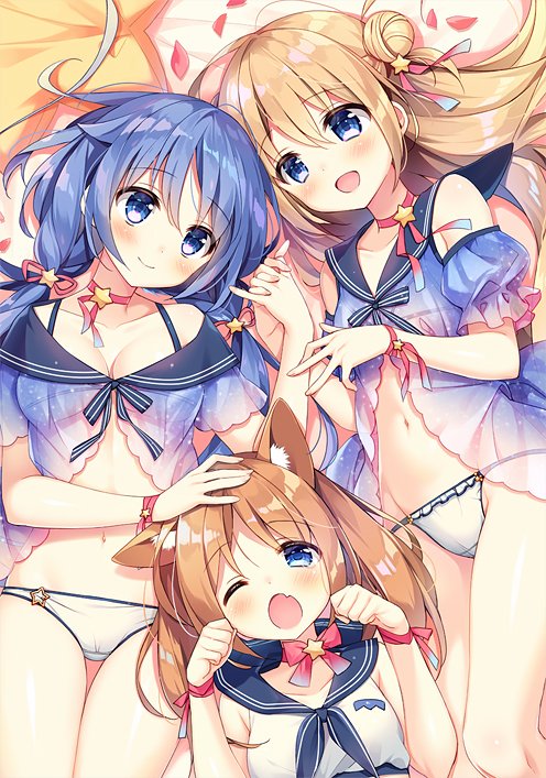 3girls :d ;d animal_ears blonde_hair blue_hair bow brown_hair choker commentary_request hair_bun hair_flaps hair_ornament hand_on_another's_head hands_together lying multiple_girls navel no_legwear on_back one_eye_closed open_mouth original panties sailor_collar see-through smile suimya underwear