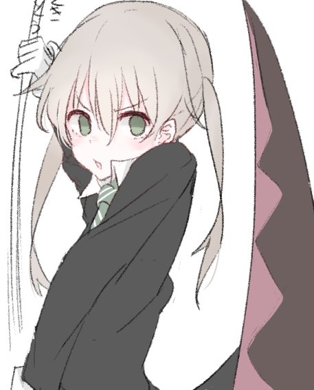 1girl brown_hair gloves green_eyes long_sleeves looking_at_viewer maka_albarn necktie ruten_(onakasukusuku) school_uniform scythe simple_background skirt soul_eater twintails weapon