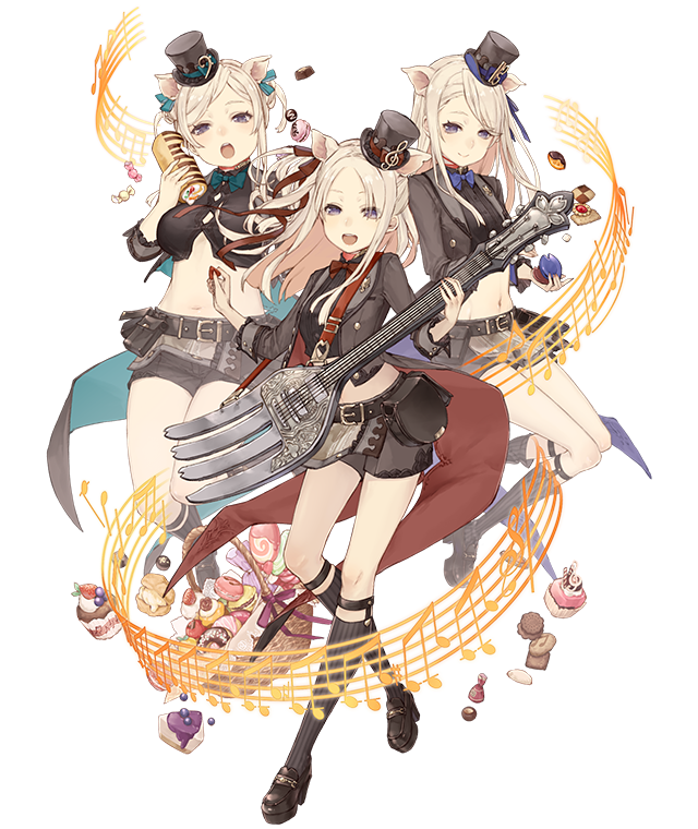 3girls :d :o animal_ears basket blonde_hair cake candy cracker cupcake food fork full_body hat instrument instrument_request ji_no kneehighs looking_at_viewer mary_janes midriff multiple_girls musical_note navel official_art open_mouth pig_ears plump pouch shoes sinoalice skinny skirt smile sock_garters three_little_pigs_(sinoalice) top_hat transparent_background violet_eyes