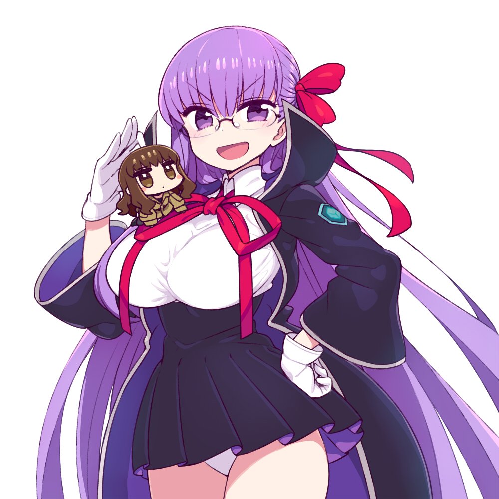 2girls :d bb_(fate)_(all) bb_(fate/extra_ccc) black_skirt breasts brown_eyes brown_hair chan_co chibi coat collared_shirt commentary_request eyebrows_visible_through_hair fate/extra fate/extra_ccc fate/grand_order fate_(series) glasses gloves hair_ribbon hand_on_hip hand_up high-waist_skirt kishinami_hakuno_(female) large_breasts leotard long_hair long_sleeves looking_at_viewer multiple_girls neck_ribbon open_clothes open_coat open_mouth purple_hair red_neckwear red_ribbon ribbon shirt skirt smile solo_focus standing v-shaped_eyebrows very_long_hair violet_eyes white_gloves white_leotard wing_collar