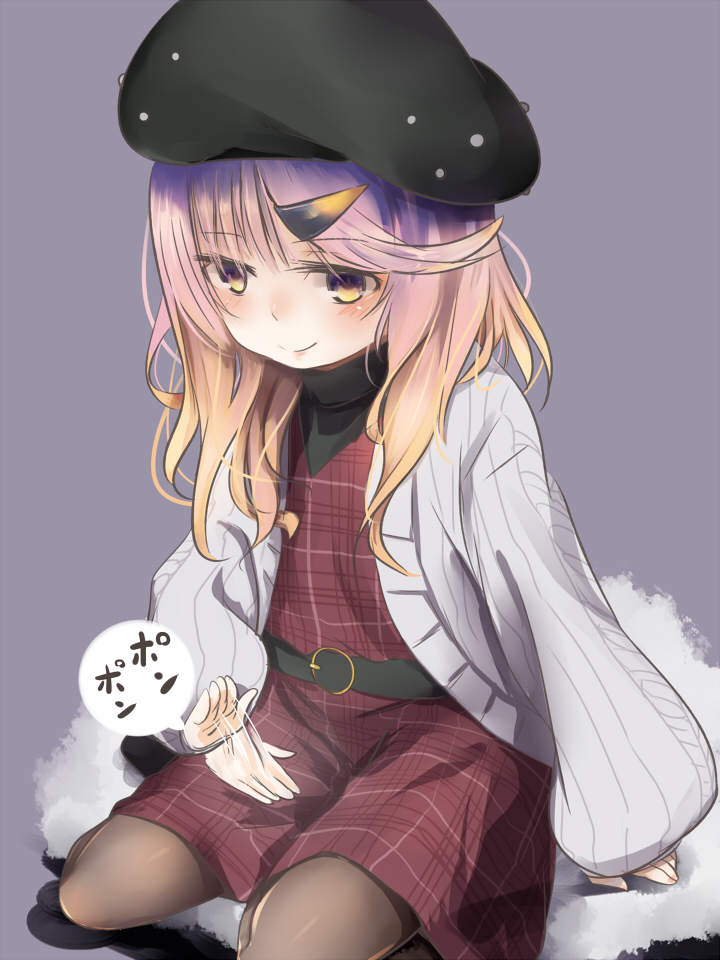 1girl akino_shuu alternate_costume belt beret black_legwear blush closed_mouth dress eyebrows_visible_through_hair gradient_hair hair_ornament hat kantai_collection long_sleeves multicolored_hair orange_hair pantyhose purple_background purple_hair remodel_(kantai_collection) ribbed_sweater short_hair sidelocks simple_background sitting solo sweater tsushima_(kantai_collection) violet_eyes wariza