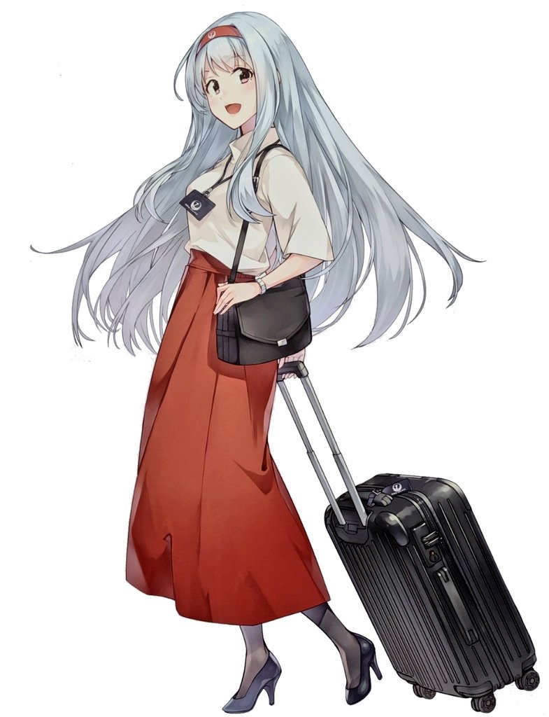 1girl bag black_footwear breasts elbow_sleeve hairband headband high_heels japan_airlines jewelry kantai_collection konishi_(koconatu) long_hair long_skirt necklace official_art pantyhose passport red_skirt rolling_suitcase scan shoes shoukaku_(kantai_collection) shoulder_bag skirt sleeves suitcase watch watch white_hair