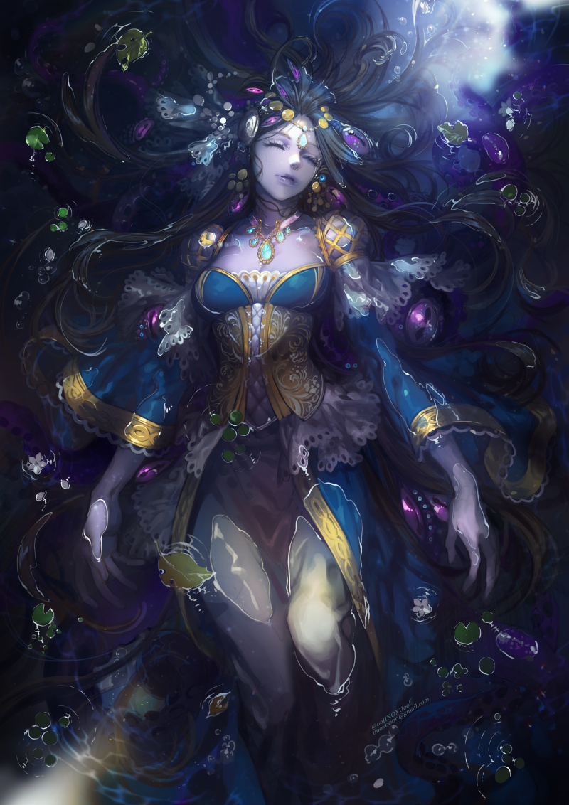 1girl afloat blue_dress breasts circlet closed_eyes closed_mouth commentary_request dress hair_spread_out jewelry korean_commentary long_sleeves lying medium_breasts necklace on_back oollnoxlloo original partially_submerged purple_lips purple_skin signature smile solo water wet