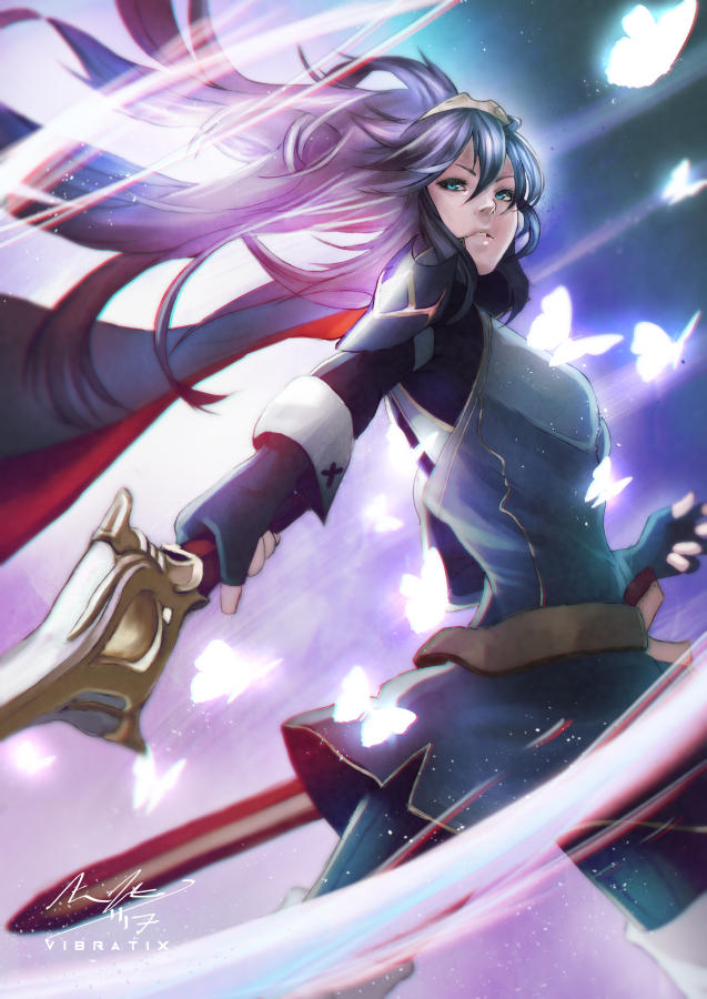 1girl armor blue_eyes blue_hair cape falchion_(fire_emblem) fingerless_gloves fire_emblem fire_emblem:_kakusei gloves long_hair looking_at_viewer lucina nintendo open_mouth smile solo sword tiara vibratix weapon