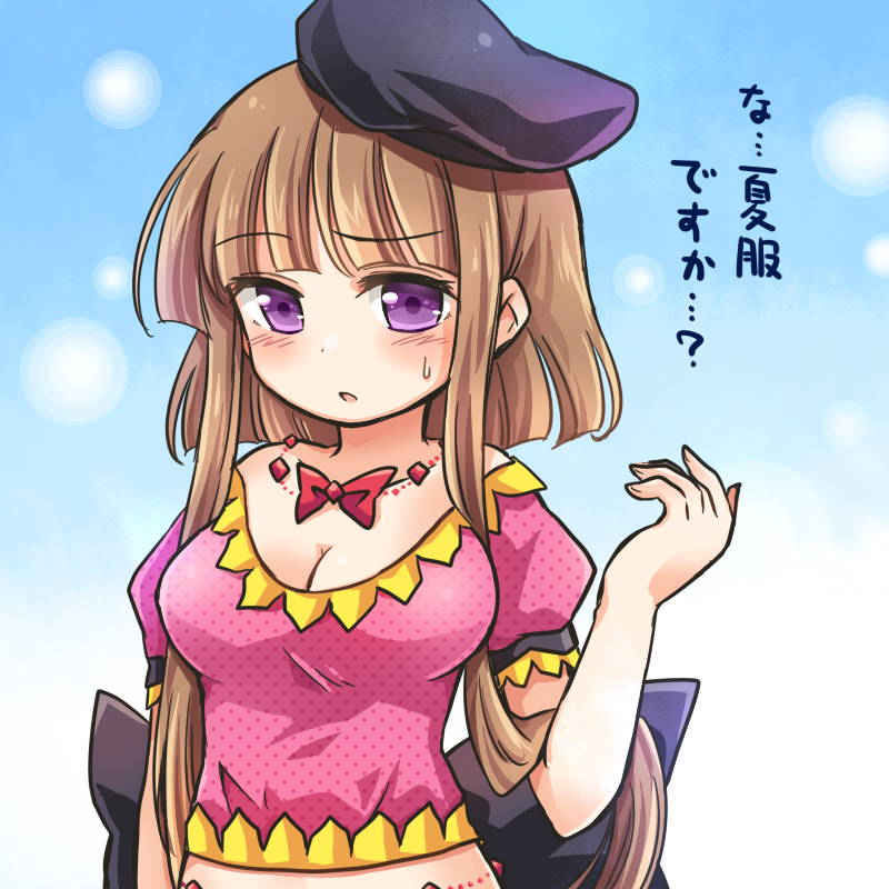 1girl bangs black_hat blue_background blunt_bangs blunt_ends blush bow breasts brown_hair cleavage dress gradient gradient_background hand_up hat jewelry large_breasts looking_at_viewer necklace nishida_satono pink_dress polka_dot pote_(ptkan) puffy_short_sleeves puffy_sleeves red_bow short_hair_with_long_locks short_sleeves solo sweatdrop touhou translated unmoving_pattern upper_body violet_eyes white_background