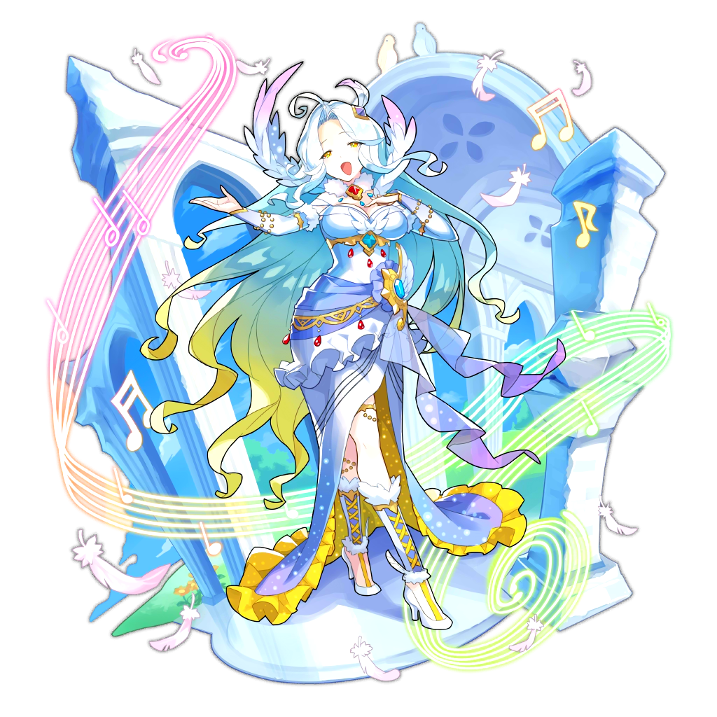 ahoge artist_request beamed_sixteenth_notes dragalia_lost dress eighth_note eyebrows_visible_through_hair feathers gem gradient_hair half_note hand_on_own_chest high_heels jewelry long_hair lucretia_(dragalia_lost) multicolored multicolored_hair music musical_note non-web_source official_art open_mouth pentagram quarter_note singing smile