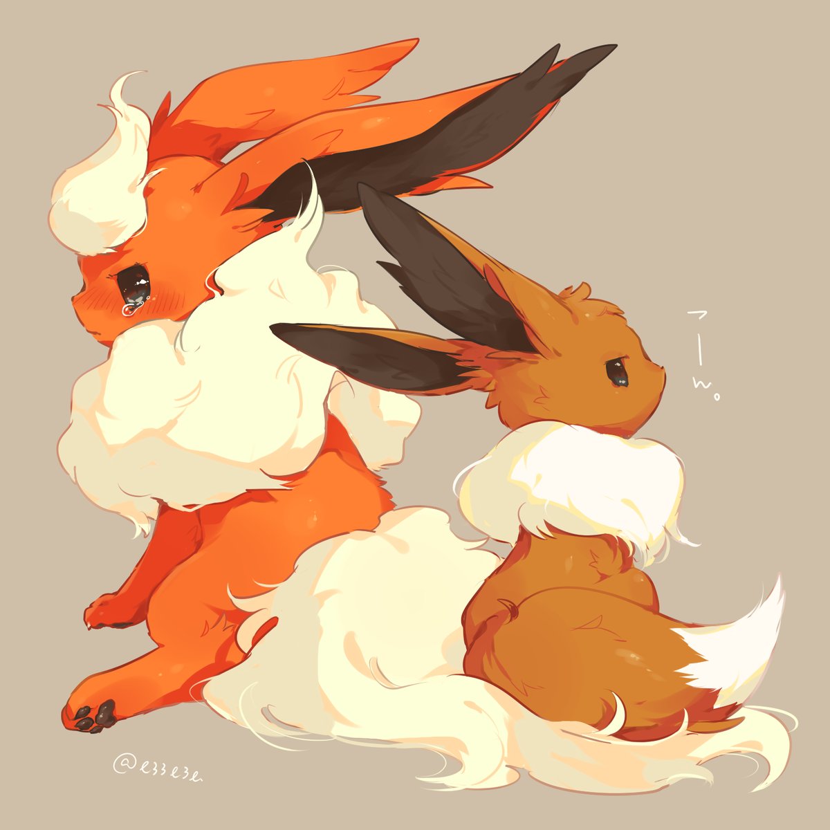 bad_id bad_twitter_id black_eyes blush creatures_(company) crying eevee flareon from_side game_freak gen_1_pokemon grey_background hideko_(l33l3b) highres nintendo pokemon pokemon_(creature) pout simple_background tears twitter_username