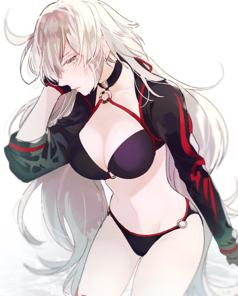 1girl ahoge bikini black_bikini black_choker black_gloves black_jacket choker commentary_request cropped_jacket fate/grand_order fate_(series) gloves jacket jeanne_d'arc_(alter_swimsuit_berserker) jeanne_d'arc_(fate)_(all) long_hair o-ring o-ring_bikini o-ring_bottom o-ring_top oguanf shrug_(clothing) silver_hair solo swimsuit yellow_eyes