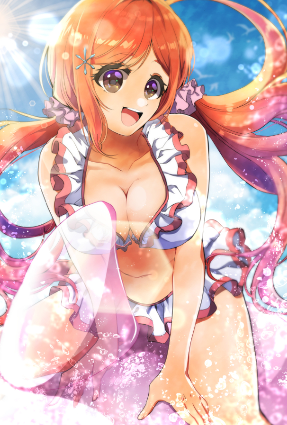 1girl :d bangs bikini bleach blue_sky breasts brown_eyes cleavage collarbone floating_hair frilled_bikini frills hair_ornament inoue_orihime large_breasts long_hair open_mouth orange_hair outdoors parted_bangs shiny shiny_hair sky smile solo summer sunlight swimsuit twintails umi_(pixiv6861961) very_long_hair white_bikini