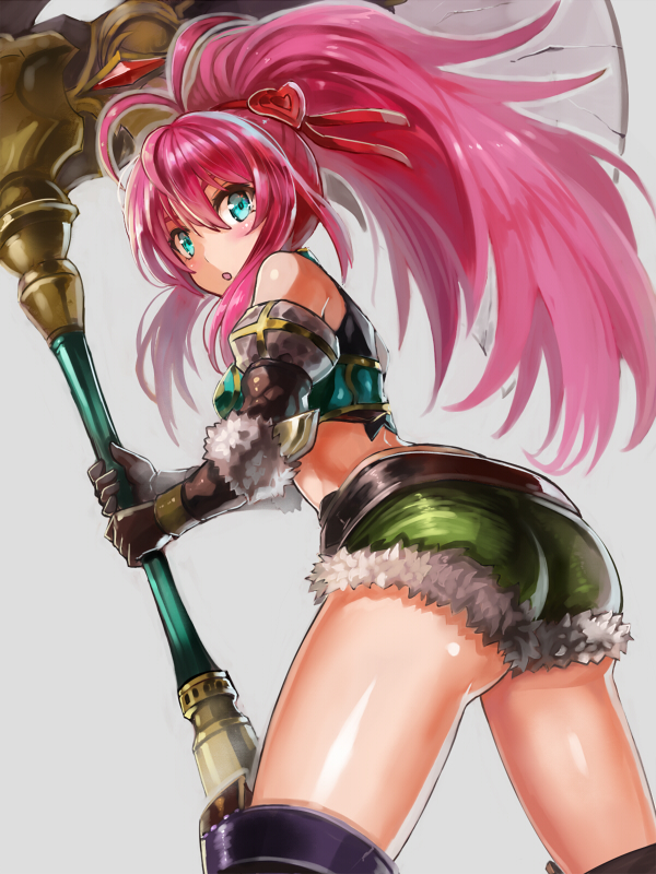 1girl :o axe bangs bare_shoulders blue_eyes blush breastplate brown_gloves character_request edobox eyebrows_visible_through_hair fur-trimmed_gloves fur-trimmed_shorts fur_trim gloves green_shorts grey_background hair_between_eyes hair_ornament hair_ribbon heart heart_hair_ornament high_ponytail holding holding_axe huge_weapon long_hair looking_at_viewer looking_back megido72 parted_lips pink_hair ponytail red_ribbon ribbon short_shorts shorts sidelocks simple_background solo standing very_long_hair weapon
